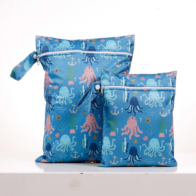 CoolaPeach 2 Pcs Wet Bags Waterproof Reusable Zippered Pocket Cloth Diaper Bag for Travel Beach Pool Swim, Baby Diapers,Gym Yoga Wet Clothes,Swimsuit,water wipes (Octopus) - Image 1